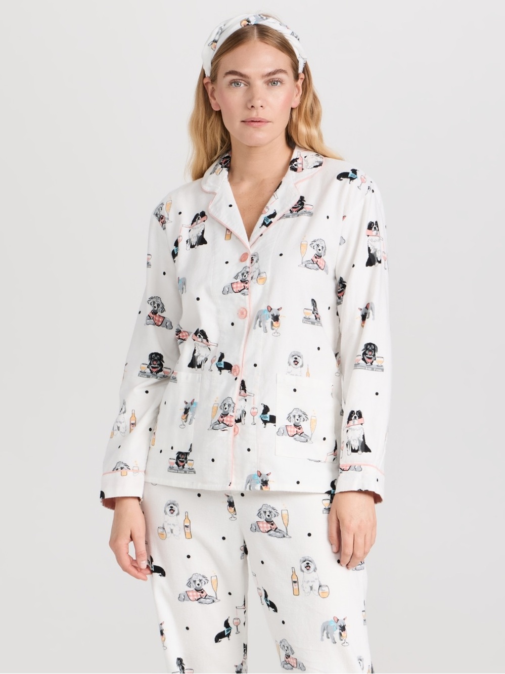 NWT P.J. Salvage Flannel Long Sleeve Button-Down Collared Dog Print PJ Top Ivory